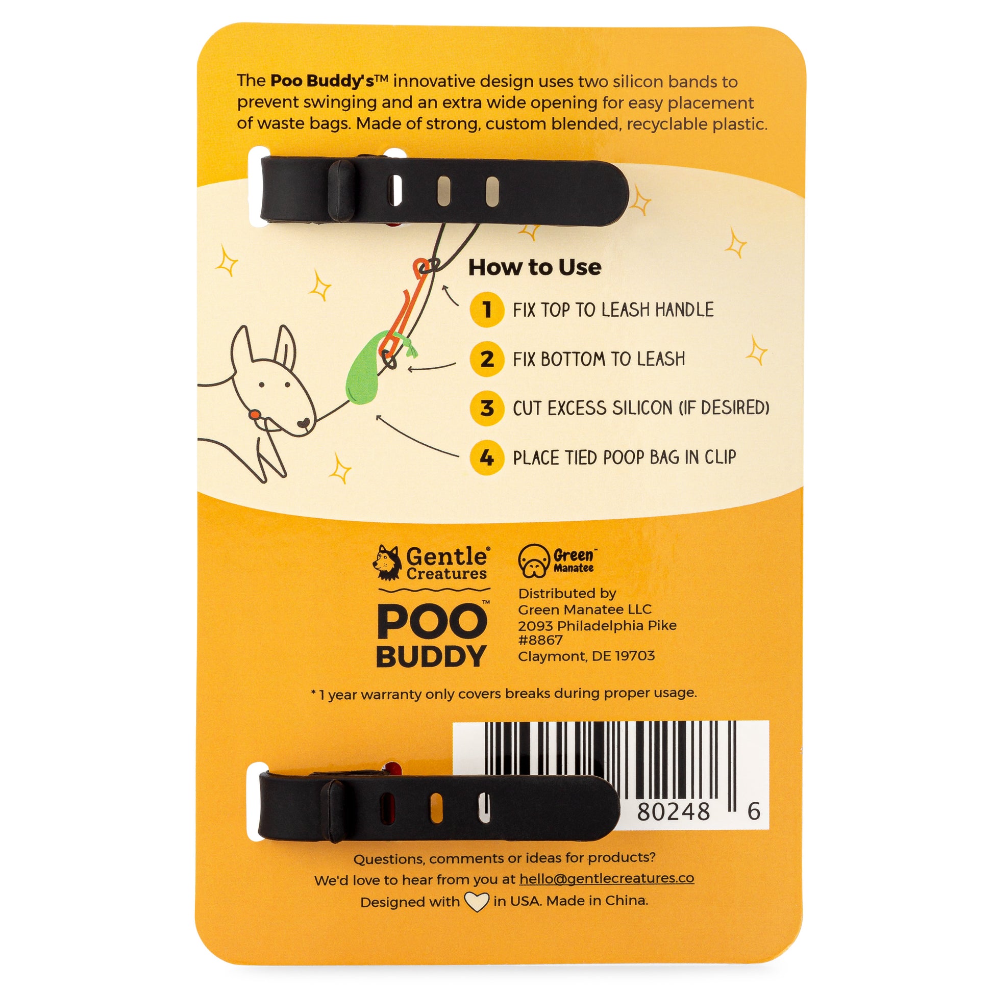 The Poo Buddy's™ innovative design uses two silicon bands to prevent swinging and an extra wide opening for easy placement of waste bags. Made of strong, custom blended, recyclable plastic.